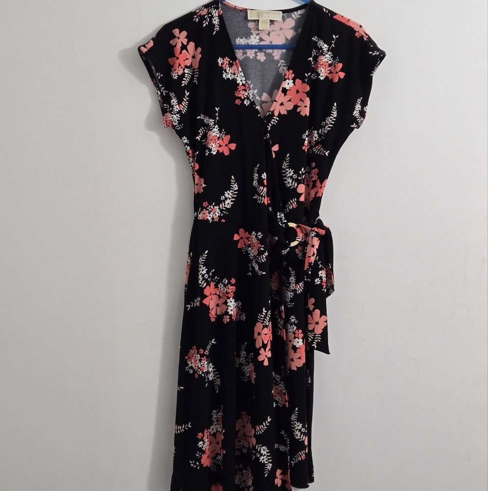 Michael Kors Black and Pink Floral Midi Dress